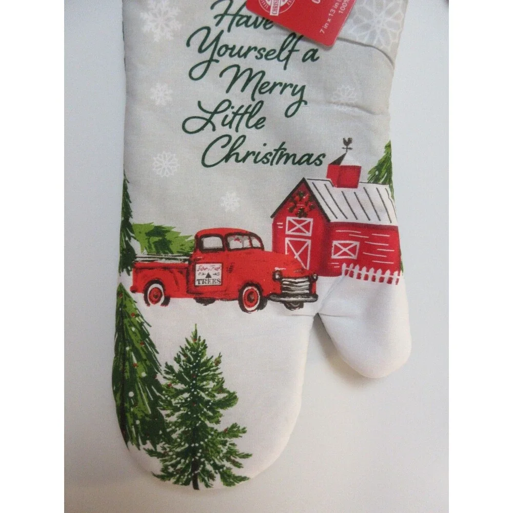 Christmas Holiday Kitchen Towels, Pot Holders, Oven Mitt 4pc Set -Truck & Barn